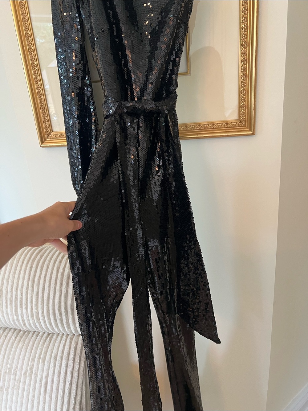 NADINE MERABI Black One-Shoulder Sequin Jumpsuit with Draped Tie - Picture 5 of 9